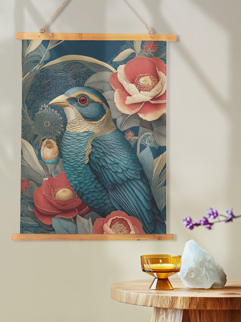 Elegant Victorian-style bird wall tapestry featuring detailed blue songbird surrounded by vintage coral peonies and classical botanical foliage in ornate vintage illustration style, measuring 26 inches wide by 36 inches long, made from silky polyester fabric with advanced 3D printing technology that mimics embroidery texture, complete with beautiful stained wooden frame and natural twine hanging system for easy wall mounting, perfect for vintage-inspired living rooms, bedrooms, or classic home decor